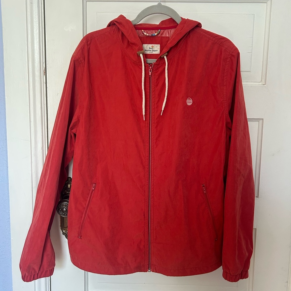 Marine Layer Everett Lightweight windbreaker Jacket Full-Zip Hooded Red Medium